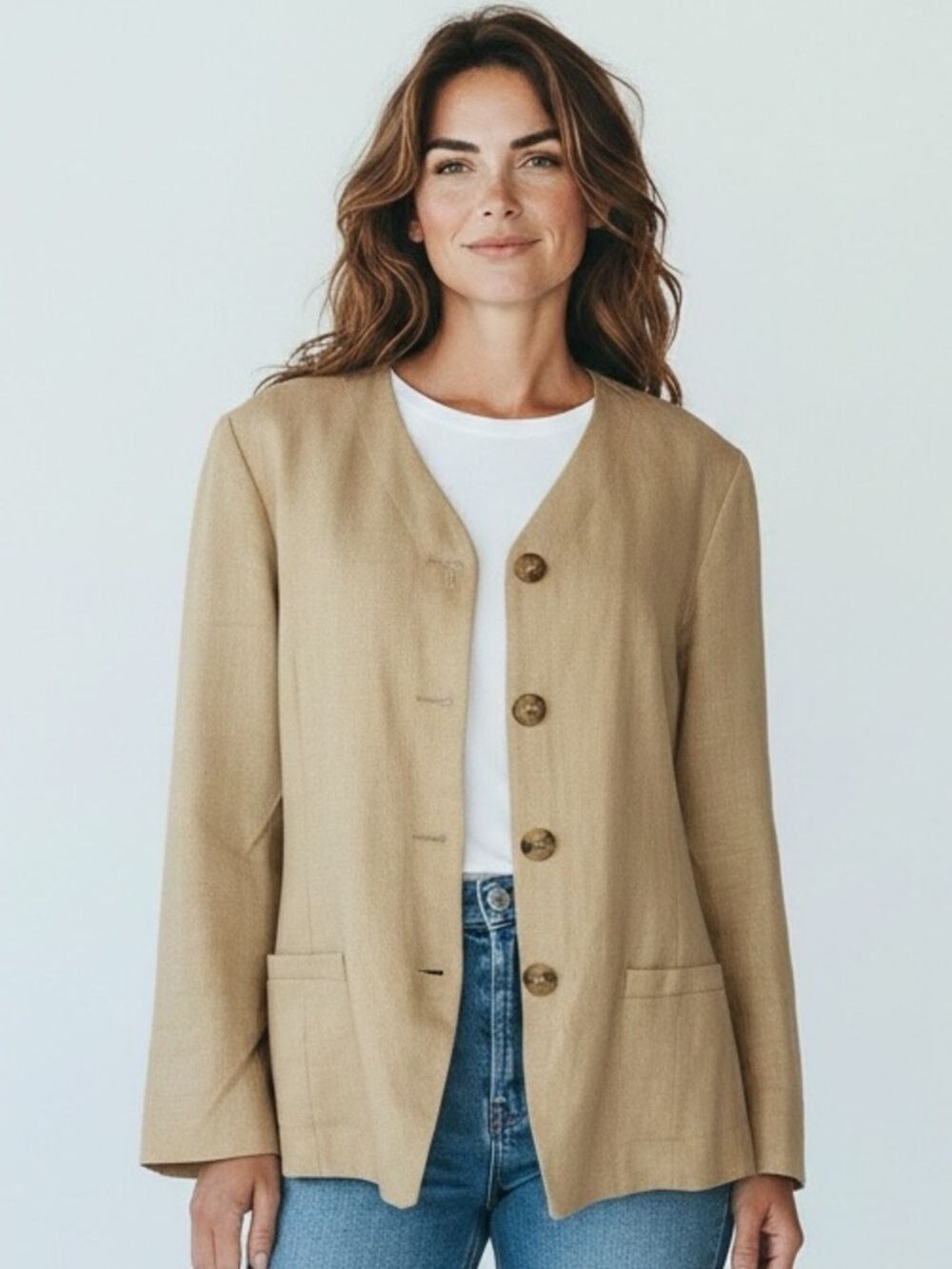 80s A+ELLEN NEUTRAL WOVEN LINEN COLLARLESS BLAZER EFFORTLESS QUIET LUXURY SZ 14